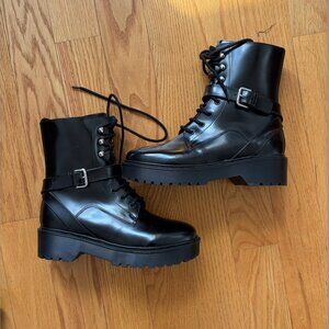 Maje Black Leather Frankhook Combat Ankle Boots Size 39